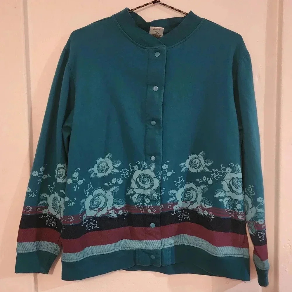 Blair‎ Blue floral button-up sweatshirt women's Small Cottagecore Granny